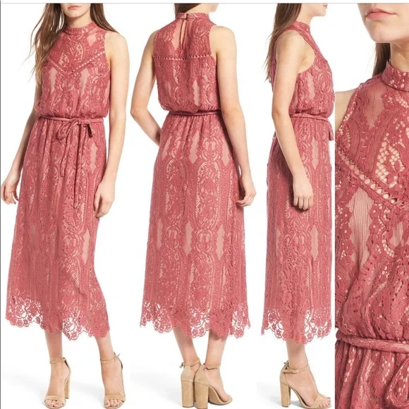 wayf lace midi dress WAYF Long Sleeve Scallop Hem Dress